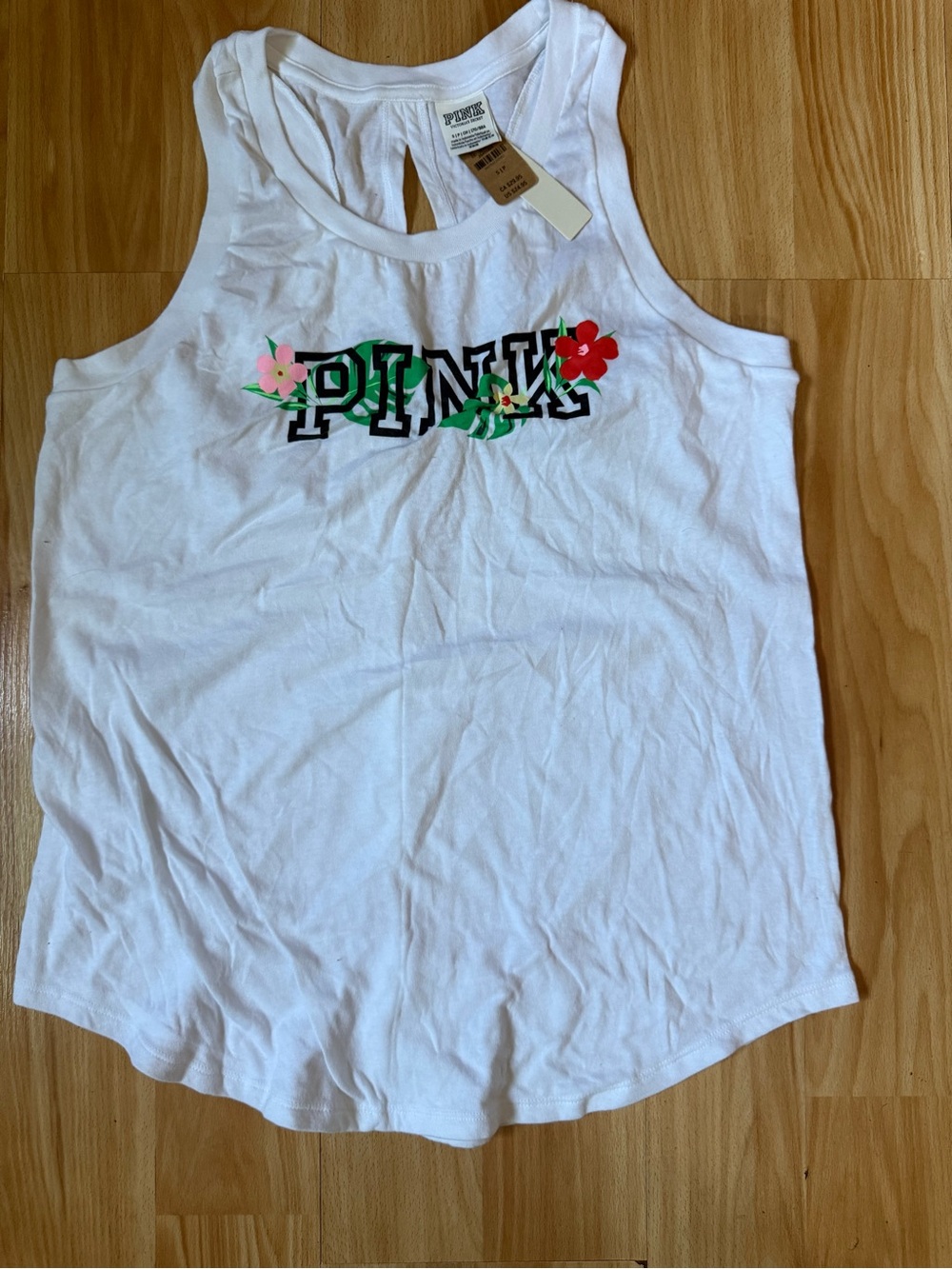 PINK Victoria's Secret White Floral Logo Racerback Tank